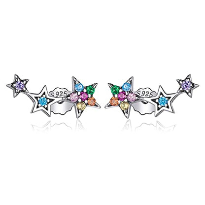 Qings 925 Sterling Silver Stars Earrings, colorful Cubic Zirconia Climber Earrings Hypoallergenic Stud Earrings for Women, Gift boxed