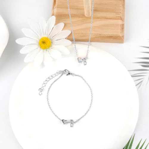 Gold Bracelets For Women Heart Initial Letter Pendant Necklace and Bracelet Set Personalized Jewelry Sets for Women Birthday Gifts for Mom Her Daughter Initial Necklace 14K Silver Plated - style: Silver-B