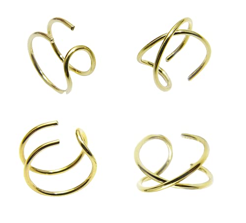 4PCS Helix Ear Cuff Cartilage Earring No Piercing Earcuff, 925 Sterling Silver,14K Gold Simple Criss Cross Double Lines Adjustable Ear Cuffs Minimalist Women Girls Men Clip On adornment Set - color: gold