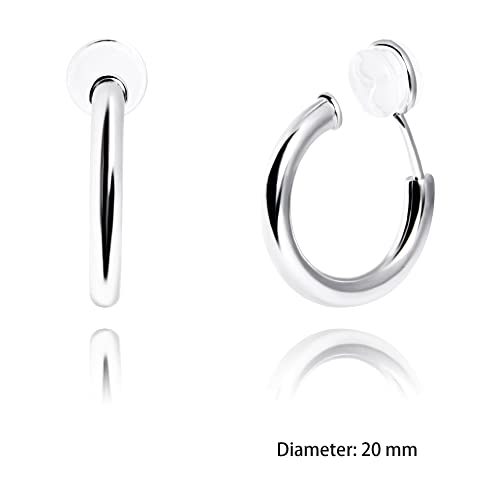 Clip on Earrings for Women, 14K Real Gold Plated Non Pierced Hoop, Clip on Hoops for Non Pierced Ears Gold and White Gold - color: 20mm Hoop White Gold