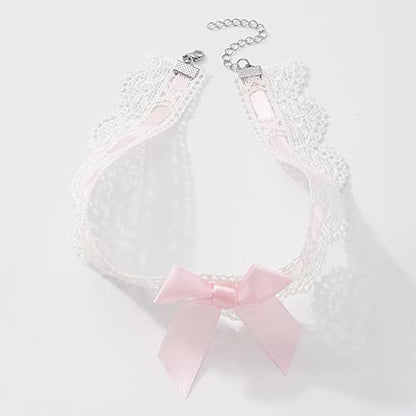 Asphire Sexy Lace Bow-knot Collar Choker Necklace Kawaii Lolita Heart Flower Choker Tie Cravat Jewelry Gift for Women Girls - color: Pink and white