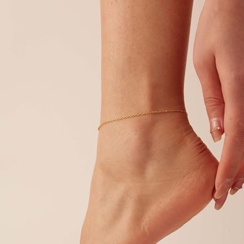Dainty Ankle Bracelets for Women 18K Gold Plated Waterproof | Satellite Beaded Herringbone Lip Chain Anklets Simple Minimalist Summer Beach Foot Jewelry, Gift Box Included - color: O Chain-Gold