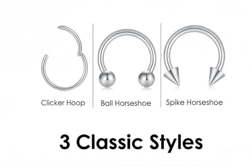 KREZIP 12 PCS 16G Hinged Segment Septum Rings Surgical Steel Horseshoe Piercing Rings Eyebrow Lip Cartilage Helix Tragus Earrings Piercing Jewelry for Women Men 6/8/10/12MM Gold Plated/Silver - style: 16G 6/8/10/12mm-Silver