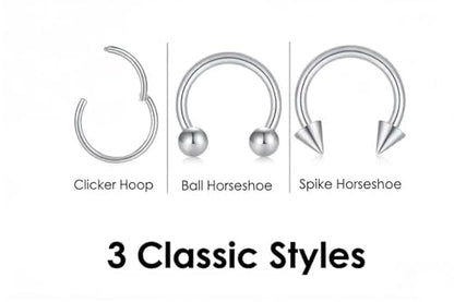 KREZIP 12 PCS 16G Hinged Segment Septum Rings Surgical Steel Horseshoe Piercing Rings Eyebrow Lip Cartilage Helix Tragus Earrings Piercing Jewelry for Women Men 6/8/10/12MM Gold Plated/Silver - style: 16G 6/8/10/12mm-Silver