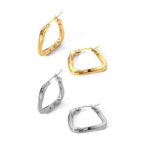 2 Pairs Gold/Silver Hoop Earrings For Women Set Trendy,14K Plated Gold Chunky Huggie Hoop Earings Pack,Oval Twisted Statement Silver Hoops,Fashion Jewelry Gift - color: 16) square twist hoop
