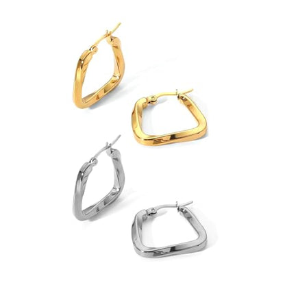 2 Pairs Gold/Silver Hoop Earrings For Women Set Trendy,14K Plated Gold Chunky Huggie Hoop Earings Pack,Oval Twisted Statement Silver Hoops,Fashion Jewelry Gift - color: 16) square twist hoop