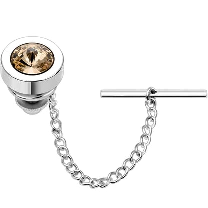 HAWSON Mens Tie Tack with Chain Round Crystal Wedding Business Accessories - color: Silver + Champagne