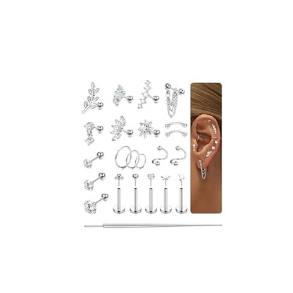 ORAZIO 16 Gauge Cartilage Earrings for Women-Hypoallergenic Surgical Stainless Steel Tragus Earring Set Threadless Flat Back Earrings Push in Nose Studs Daith Conch Tragus Helix Piercing Jewelry - color: Silver Tone