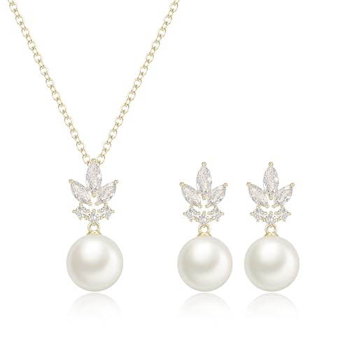 EleQueen Women's Simulated Pearl Wedding Jewelry Set for Brides | Cubic Zirconia Necklace Earrings Bracelet Set for Brides Bridesmaids, Bridal Jewelry Set for Anniversary/Memorial Day - style: Goldr-Plated-Brass Pearl Earrings Set