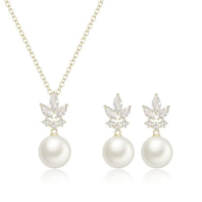 EleQueen Women's Simulated Pearl Wedding Jewelry Set for Brides | Cubic Zirconia Necklace Earrings Bracelet Set for Brides Bridesmaids, Bridal Jewelry Set for Anniversary/Memorial Day - style: Goldr-Plated-Brass Pearl Earrings Set