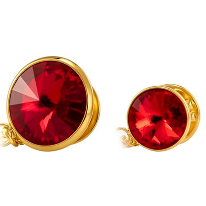 HAWSON Birthstone Brooch Pin for Men with Hanging Chain & Crystal, Mens Gold Tone Lapel Pin for Wedding/Birthday/Party Dress Suits Accessories - color: July Ruby