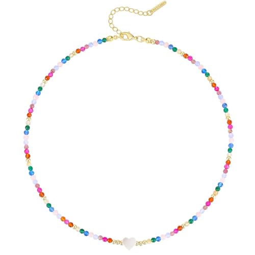 KissYan Beaded Choker Necklace for Women, Colorful Natural Gemstones Pearl Choker 14K Gold Plated Pendant Healing Crystal Necklace Handmade Stone Jewelry Gift | 14K Gold Plated Pendant Necklaces, Natural Gemstones Pearl Choker, Healing Crystal Chain, Hand