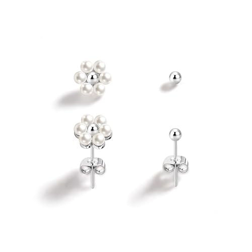 IMBOS Pearl Earrings 14k Gold Plated Daisy Flower Stud Earrings for Women Ball Stud Flat Back Earring Hypoallergenic Statement Earring Trendy Jewelry Gift for Women - color: Silver-Pearl Ball