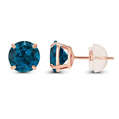 Solid 14K Yellow or White or Rose Gold 6mm Round Genuine Birthstone Gemstone Prong Set Stud Earrings For Women - color: Blue Topaz-London Blue Topaz