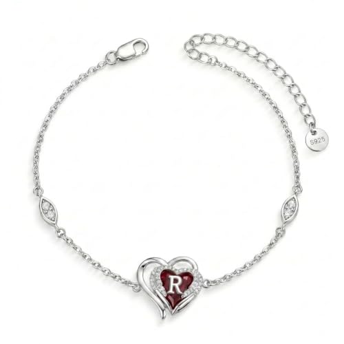 Initial Bracelet for Women 925 Sterling Silver Heart Angel Wings Initial Bracelet Anniversary Birthday Mothers Day Jewelry for Mom Her Wife - color: R