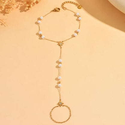 Gold Hand Chain Bracelet for Women 18K Gold Plated Stainless Steel Ring Bracelet Hand Chain with Pearl Star CZ Adjustable Hand Jewelry Chain Gifts - color: Y Pearl Star-Gold