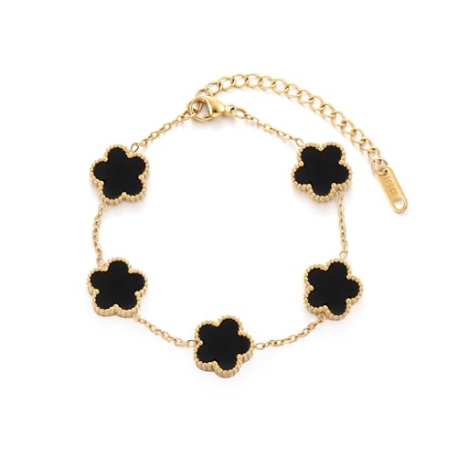 TICVSS Four Leaf Clover Bracelet for Women 18K Gold Plated Stainless Steel Lucky 4 Leaf Gold Link Bracelet Jewelry Gift for Women - color: Black