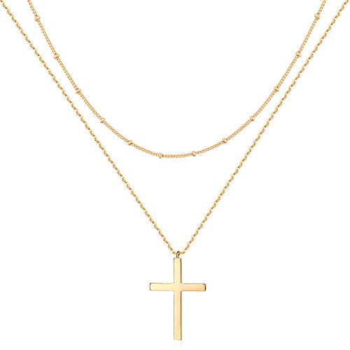 MEVECCO Dainty Pendant Layered Necklaces for Women | 18K Gold Plated Brass, 2-Piece Set With A Choker-Length Upper Layer, Wear Together Or Separately, Refined Everyday Style - style: layer cross
