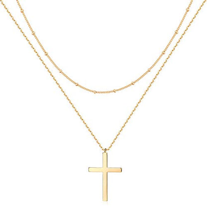 MEVECCO Dainty Pendant Layered Necklaces for Women | 18K Gold Plated Brass, 2-Piece Set With A Choker-Length Upper Layer, Wear Together Or Separately, Refined Everyday Style - style: layer cross