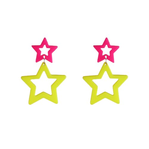 Colorful 80s 90s Neon Star Earrings for Women Retro Glow Party Costume 80s 90s Acrylic Dangle Earrings Outfit - style: Symmetrical Hot Pink and Yellow