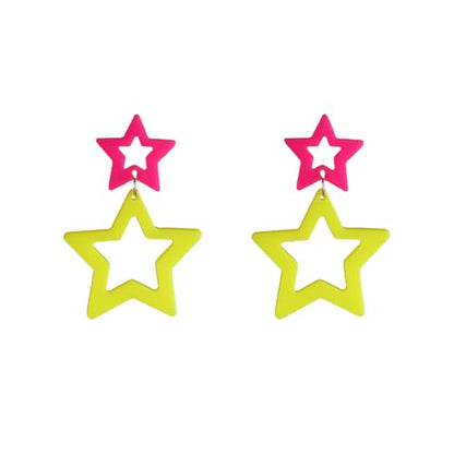 Colorful 80s 90s Neon Star Earrings for Women Retro Glow Party Costume 80s 90s Acrylic Dangle Earrings Outfit - style: Symmetrical Hot Pink and Yellow