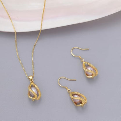 Pearl Jewelry Set For Women S925 Sterling Silver/14K Gold Plated Necklace & Earrings Set Freshwater Pearl Pendant Cage Set for Wedding Anniversary Prom Birthday Gift - color: Golden-Purple