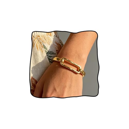 Chunky Gold Bangle for Women 14k Gold Plated Hammered Paperclip Cuff Bracelet Minimalist Geometric Cuff Statement Modern Style Party Holiday Jewelry Accessories Gifts