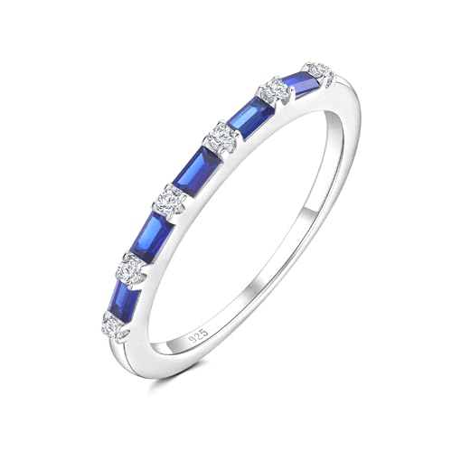 1.5mm Thin Eternity Rings for Women Sterling Silver Stackable Rings | Dainty Stacking Birthstone Ring, Sapphire/Emerald/Ruby/Cz Baguette Wedding Bands, for Anniversary Jewelry Size 6-10(with Box) - color: 09-Sapphire