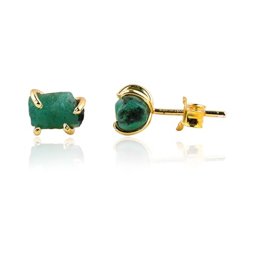 YASHEE Emerald Crystals Stud Earring, Raw Stone, Chakra Energy Healing Gemstone, Real Crystal, May Birthstone, Women & Girls Push Back Earrings, Gold Plated Christmas Gift Jewelry