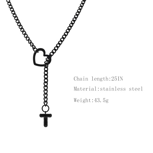 sroyte Black Heart Slip Chain Initial Necklaces for Women,Stainless Steel O-Ring Adjustable Lariat Heart Y-Necklace,Punk Gothic Cuban Collar Choker Necklace for women - color: Black T