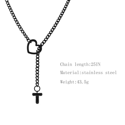 sroyte Black Heart Slip Chain Initial Necklaces for Women,Stainless Steel O-Ring Adjustable Lariat Heart Y-Necklace,Punk Gothic Cuban Collar Choker Necklace for women - color: Black T