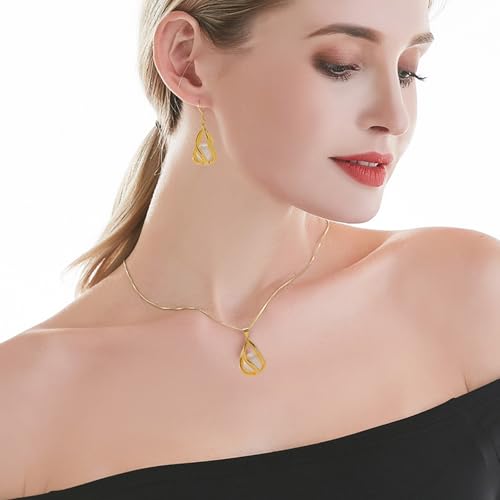 Pearl Jewelry Set For Women S925 Sterling Silver/14K Gold Plated Necklace & Earrings Set Freshwater Pearl Pendant Cage Set for Wedding Anniversary Prom Birthday Gift - color: Golden-White