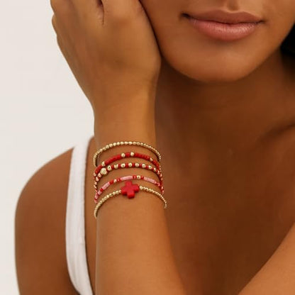 Gold Bracelets for Women, Beaded Cross Stack, Non Tarnish Set，Set-1 | Gold Beaded Bracelet Stack with Stretch Fit, Waterproof Finish and Dainty Design for Everyday Wear and Gifts - color: Colors-11