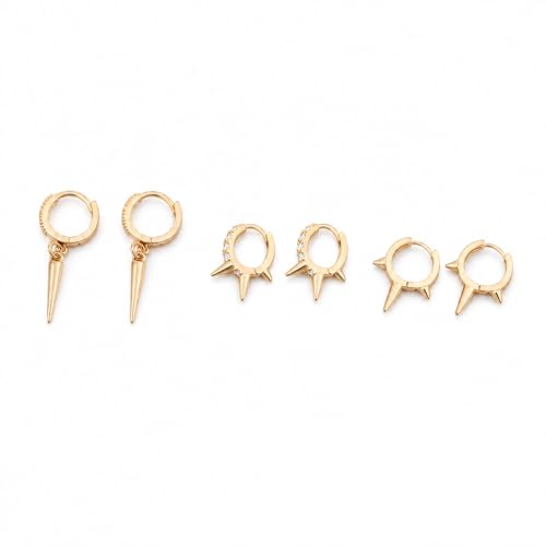 3 Pairs Small Hoop Earring Stacks, 14K Gold Plated Dangle Earrings for Multiple Piercing Cartilage, Dainty Gold Stud Hoop Gifts for Women Valentine's Christmas Holiday Daily Wear - color: Spikes