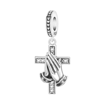 925 Sterling Silver Charms for Bracelets and Necklace Religious Cross Pendants Praying Hands, Bible, Virgin Mary, Jesus, Church Bead Jewelry - color: Praying Hands Cross