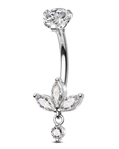 Lotus Belly Button Rings Dangle 14G Dangle Belly Navel Button Piercing Surgical Steel Navel Piercing Jewelry Dangling - color: WG-10MM