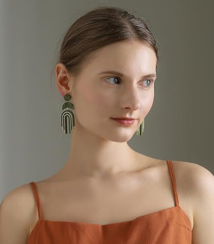 Ozel - Natural Wooden Acrylic Boho Drop Dangle Earrings for Women - Geometric Statement Jewellery - Brown, Black, Magent Red, Olive Green, White beige - color: Arch_Olive
