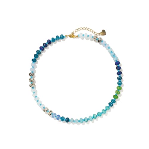 Joya Love Colorful Gemstone Beaded Necklaces For Women Trendy Rainbow Natural Stone Boho Handmade Stainless Steel Waterproof Strand Necklaces Jewelry For Women Gift - color: Blue
