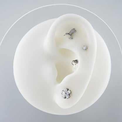 FINE4U 1PC ASTM F136 Titanium 16G Flatback Stud for Tragus, Helix, Conch 6mm 8mm - Screw on Cartilage Earring Piercing Jewelry - color: CZ Flower - Tit
