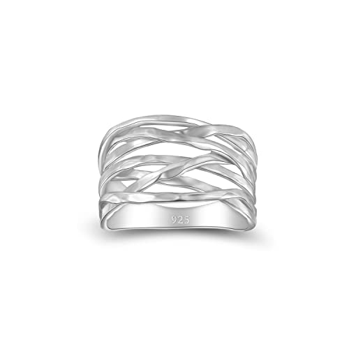MINDDHA Overlapping Rings for Women - Designer Criss Cross Rings - 925 Sterling Silver Wide Band Ring, Criss Cross Silver Rings for Women - Handmade Jewelry, 12mm Width - Size 4-12