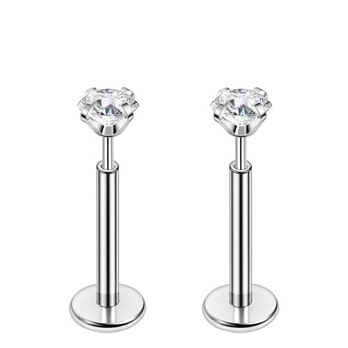 PunkTracker 16g/18g/20g Titanium Steel Threadless Flat Back Cartilage Earrings for Helix/Tragus/Conch/Daith/Earlobe - Nose Studs Lip Rings Labret Monroe Piercing Jewelry for Women Men 2PCS - style: 18g,silver,8mm bar,2mm gem