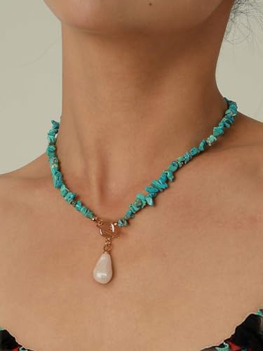 18k Gold Plated Chain Link Necklace for Women, Baroque Pearl/Compass Pendant Necklace - color: Turquoise Baroque small