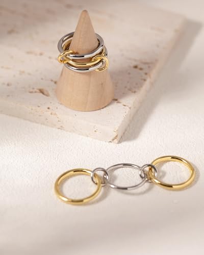 TLY Stackable Gold Rings for Women Interlocking Ring Stack Set non tarnish | 18K Gold Silver Plated Mixed Metal Statement Rings Waterproof Cubic Zirconia Fashion Connected Band Thumb Ring Size 4-11 - color: 03.Solarium set (two silver rings)