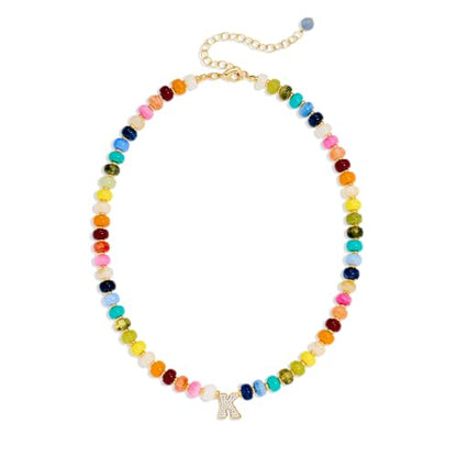 Colorful Beaded Initial Necklace for Women - Colorful Letter A-Z Necklaces, 14K Gold Plated Zirconia Bubble Letter Charm, Women Gold Jewelry Personalized Birthday Gifts - color: K