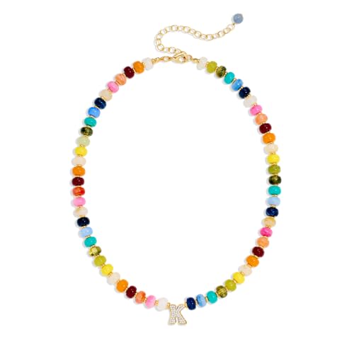 Colorful Beaded Initial Necklace for Women - Colorful Letter A-Z Necklaces, 14K Gold Plated Zirconia Bubble Letter Charm, Women Gold Jewelry Personalized Birthday Gifts - color: K