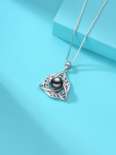 Tahitian Black Pearl AAAA 18K White Gold Plated Sterling Silver Leaf Celtic Knot Pendant Necklace for Women Wife Mom Girlfriend Her Jewelry Gift for Anniversary Birthday