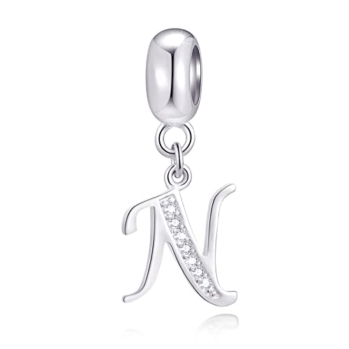 26 Letter Pendant Charms, Polished 925 Sterling Silver Complete Initial A-Z Dangling CZ Stone Alphabet Beads, fits European Bracelet Necklace, Gift for Mother/Father/Daughter/Son/Sister/Aunt - color: Letter N CZ Pendant Charm