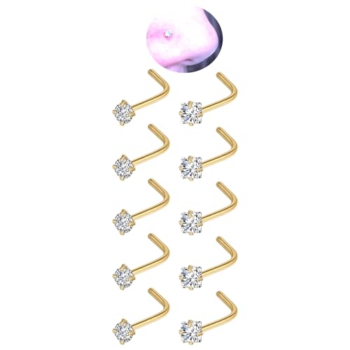 20G Nose Rings Studs for Women Corkscrew Sliver Nose Studs Hypoallergenic Nose Rings 316L Stainless Steel Nose Nostril Percing Jewely for Women Men Round Square CZ Imitation Diamond 1.5mm/2.0mm/2.5mm/3.0mm - style: 20G-L-Shape-gold-2.5mm