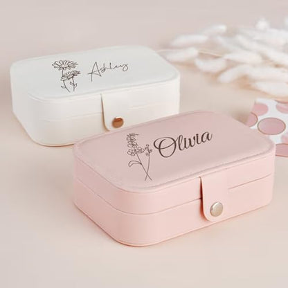 Personalized Jewelry Box Gifts for Women Custom Travel Jewelry Case Organization Leather Customized Birthday Anniversary Bridesmaid Gifts - color: 001-White-Flower