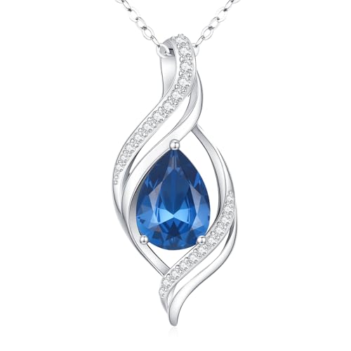 Birthstone Necklace for Women S925 Sterling Silver Teardrop | With Cubic Zirconia and Gemstones - Ideal Birthday Jewelry Gift for Her, Girlfriend, Wife, Mom on Birthday, Anniversary - color: 12 - Blue Topaz